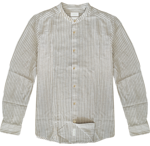 261RGS-5169 Linen Blend Shirts with Mao Collar and Long Sleeves (Striped) CC90 Beige-White