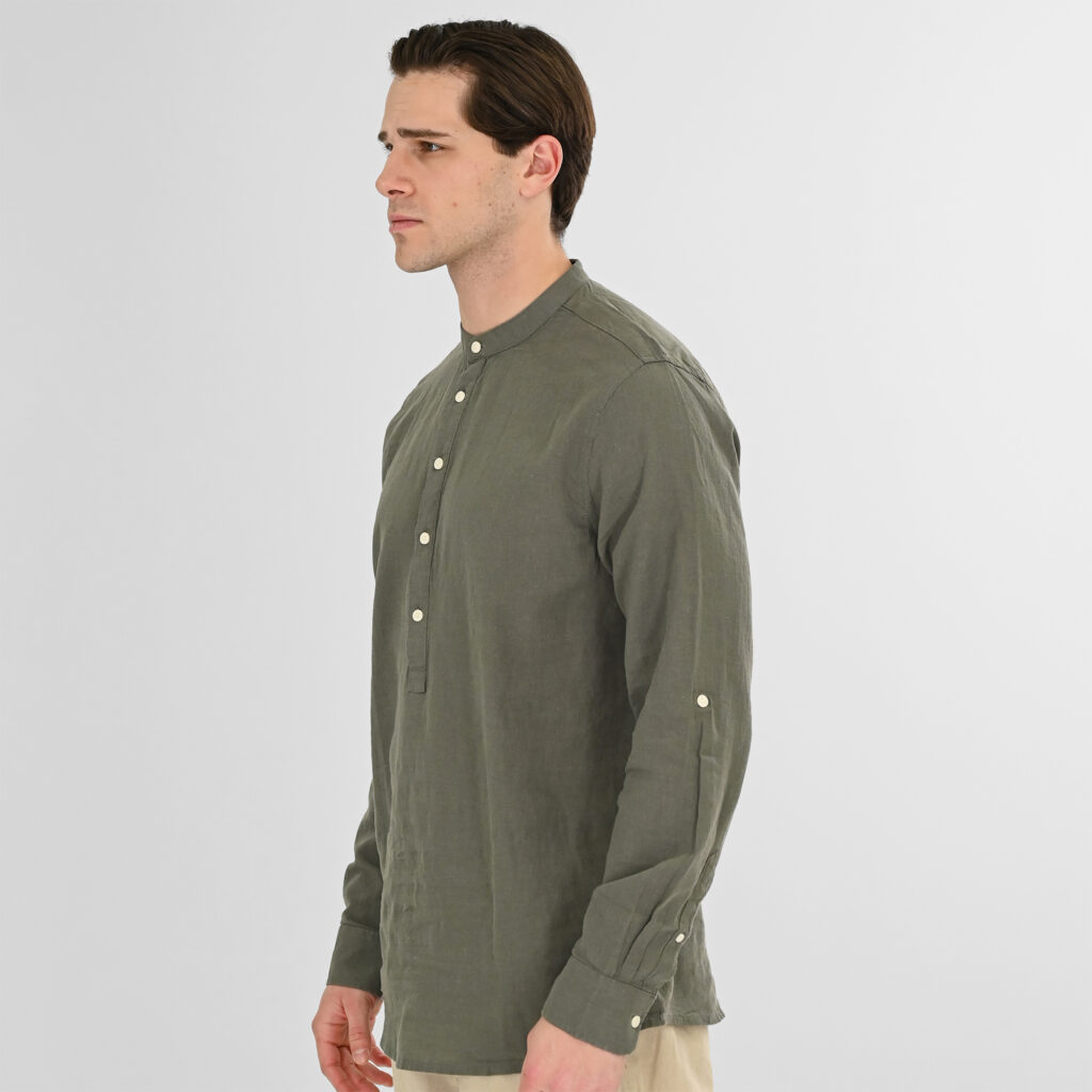261RGS-5173/5173B Linen Blend Shirts with Long Sleeves, Mao Collar and Half Button Placket Olive