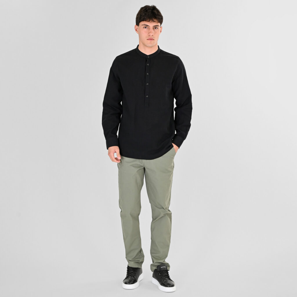 261RGS-5173/5173B Linen Blend Shirts with Long Sleeves, Mao Collar and Half Button Placket Black