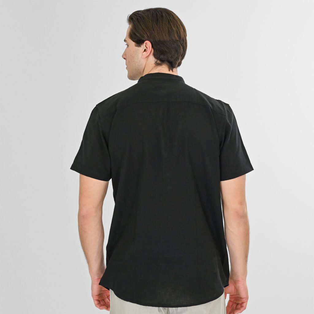 261RGS-5175 Linen Blend Shirts with Mao Collar, Short Sleeves and Half Button Placket Black
