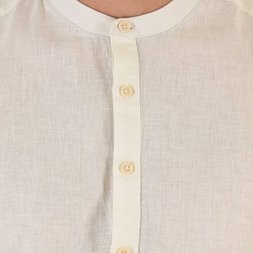 261RGS-5175 Linen Blend Shirts with Mao Collar, Short Sleeves and Half Button Placket Almond