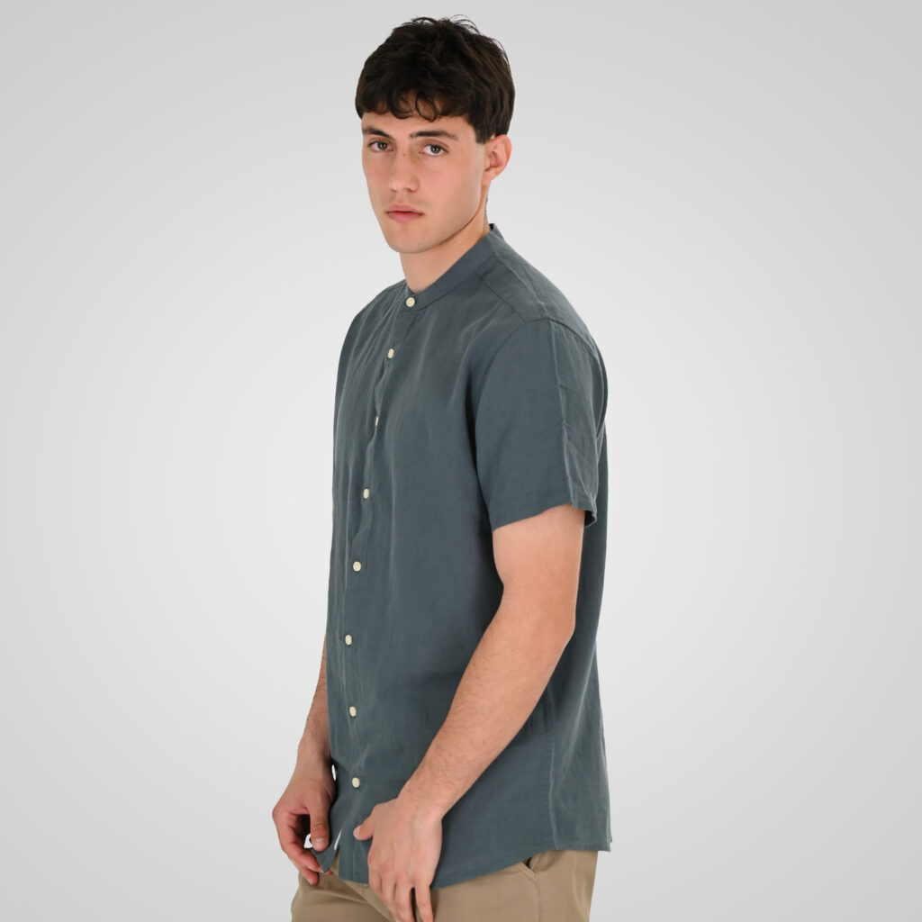 261RGS-5177/5177B Linen Blend Shirts with Mao Collar and Short Sleeves Stone Blue