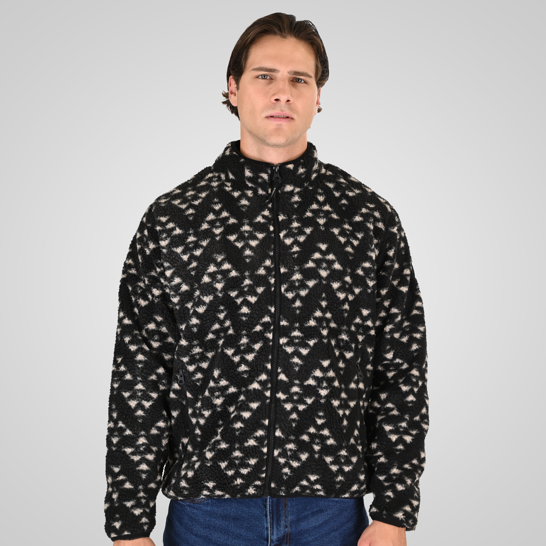 262RFT-7090 SHERPA FLEECE TOP FULL ZIP WITH ALL OVER PRINT AND POCKETS BLACK - Image 1