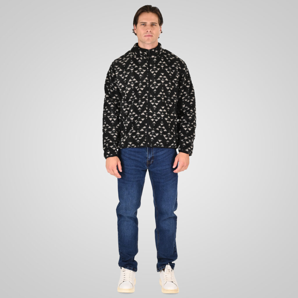 262RFT-7090 SHERPA FLEECE TOP FULL ZIP WITH ALL OVER PRINT AND POCKETS BLACK