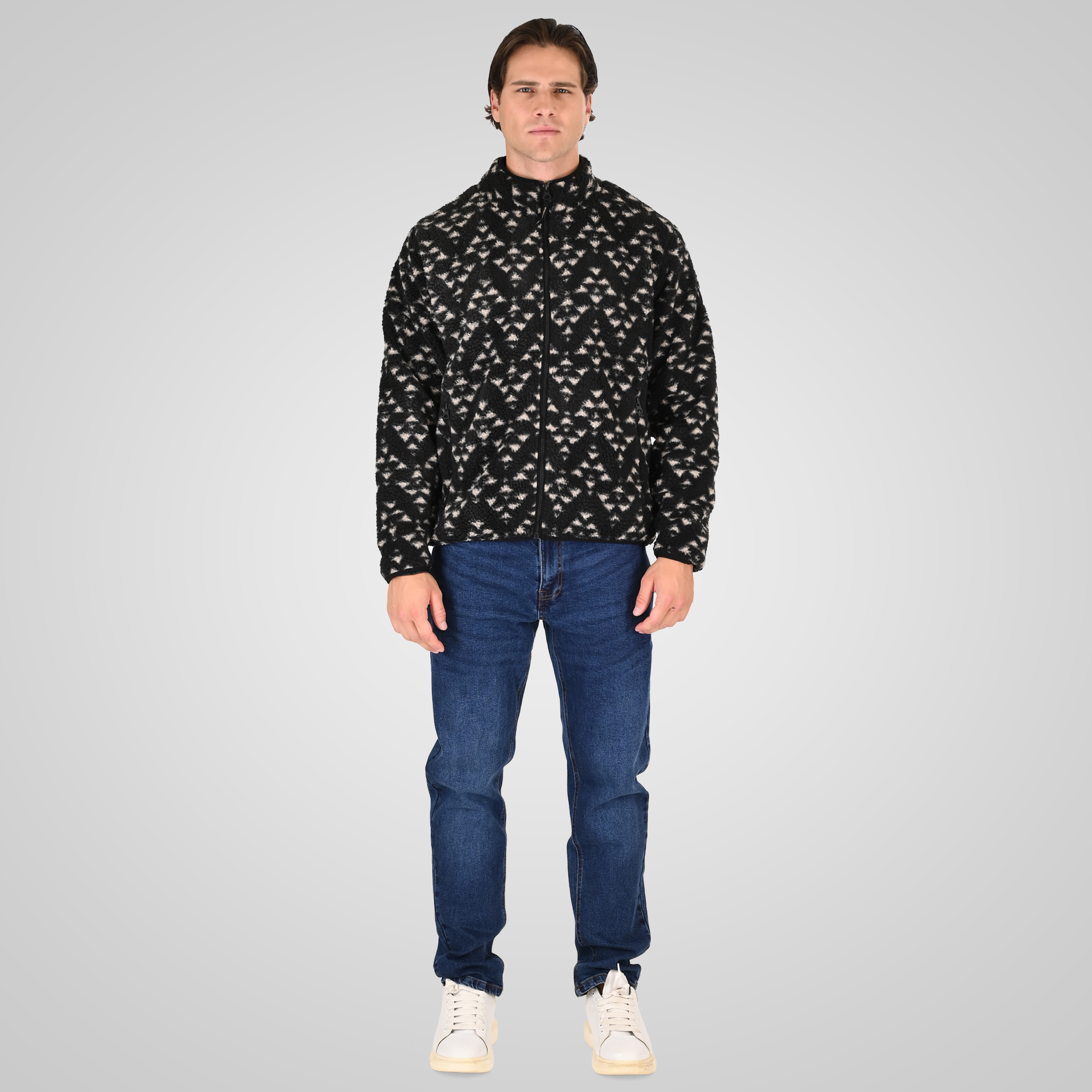 262RFT-7090 SHERPA FLEECE TOP FULL ZIP WITH ALL OVER PRINT AND POCKETS BLACK - Image 2