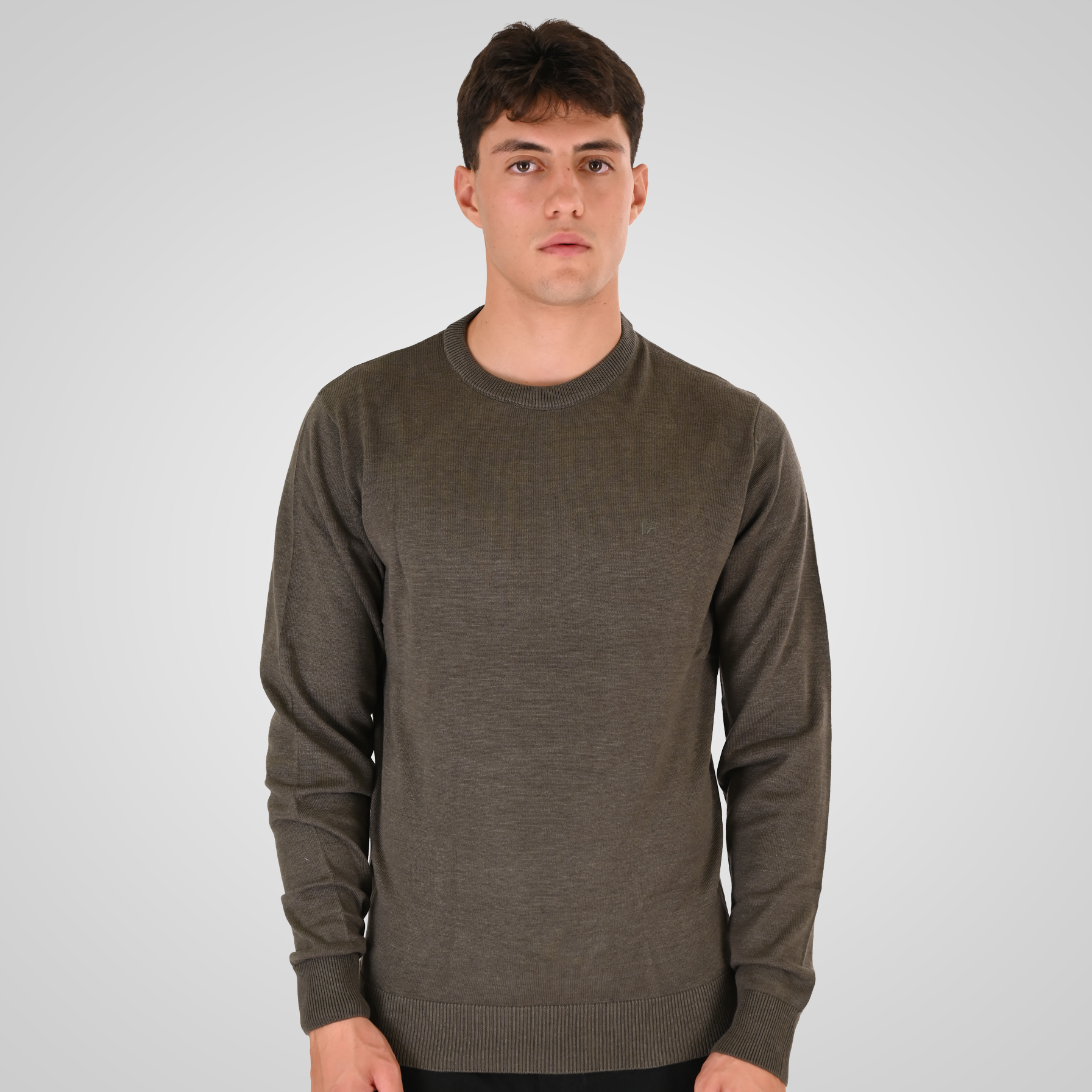 262RKNIT-8050 KNITS CREWNECK WITH DENSE EMBROIDERY MOSS GREEN MELANGE - Image 1