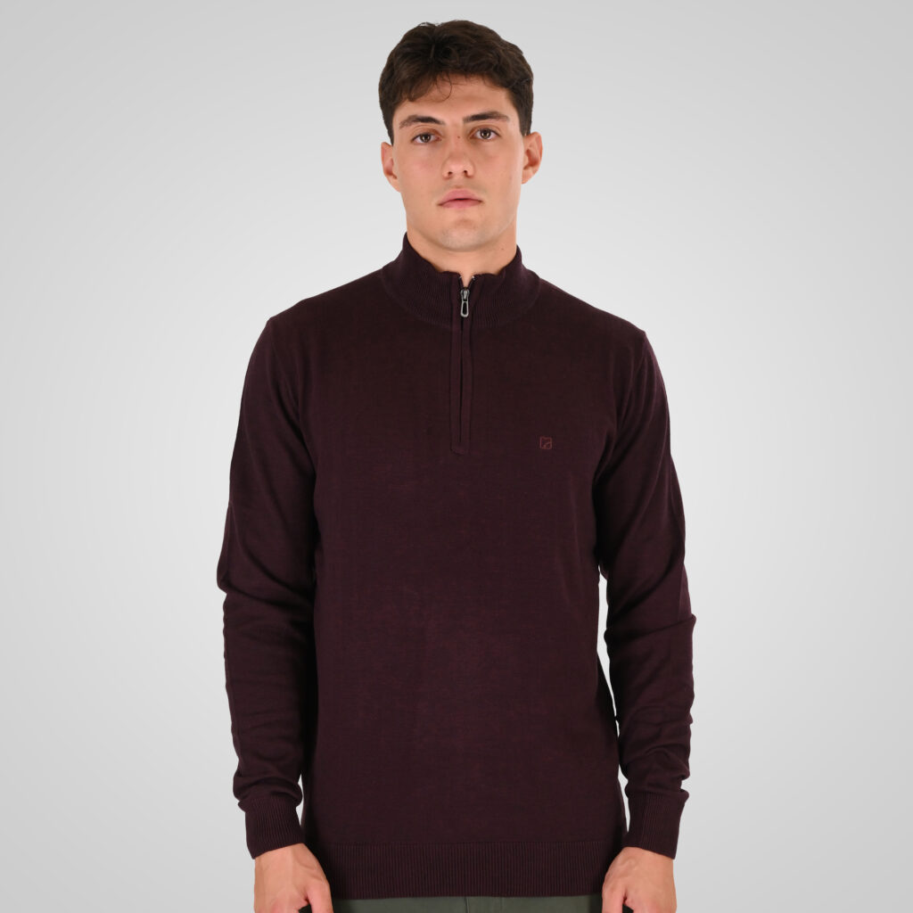 262RKNIT-8052 KNITS HALF-ZIP WITH DENSE EMBROIDERY BORDEAUX MELANGE