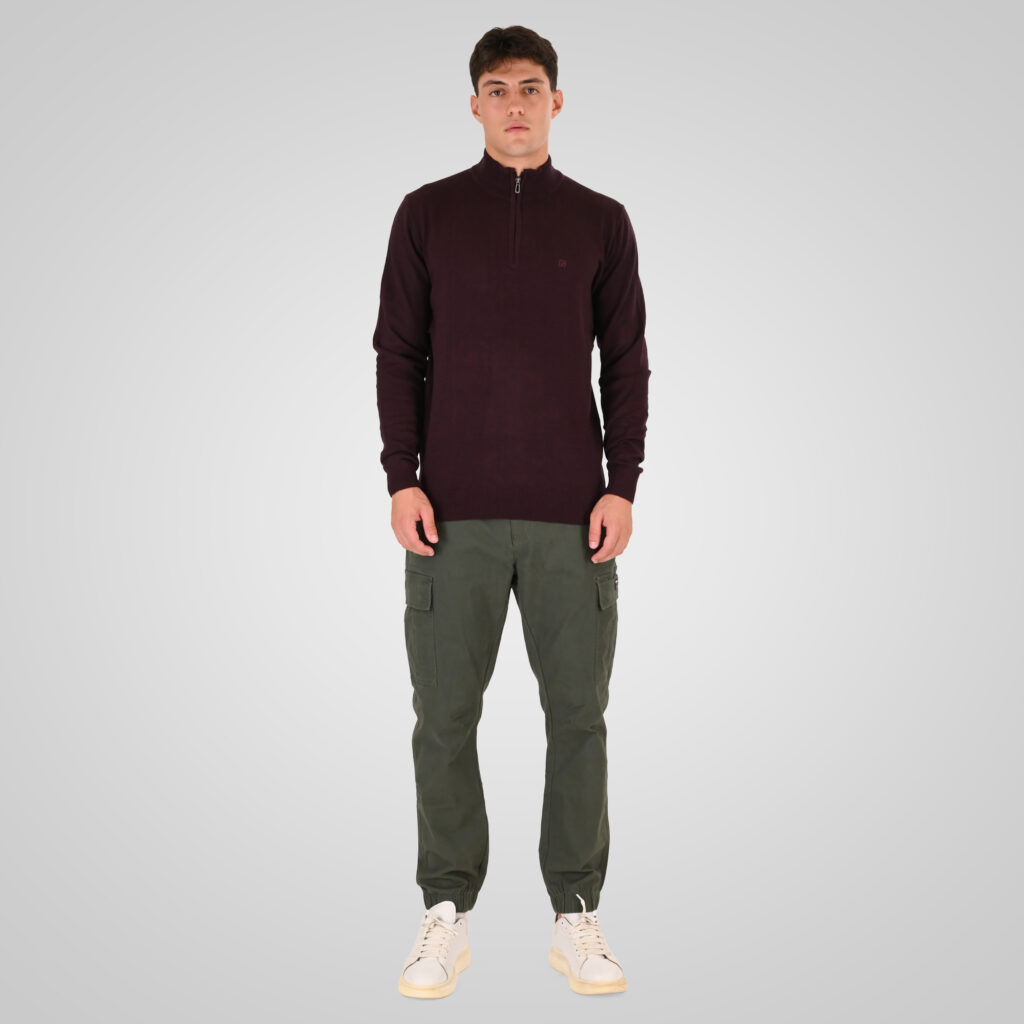 262RKNIT-8052 KNITS HALF-ZIP WITH DENSE EMBROIDERY BORDEAUX MELANGE