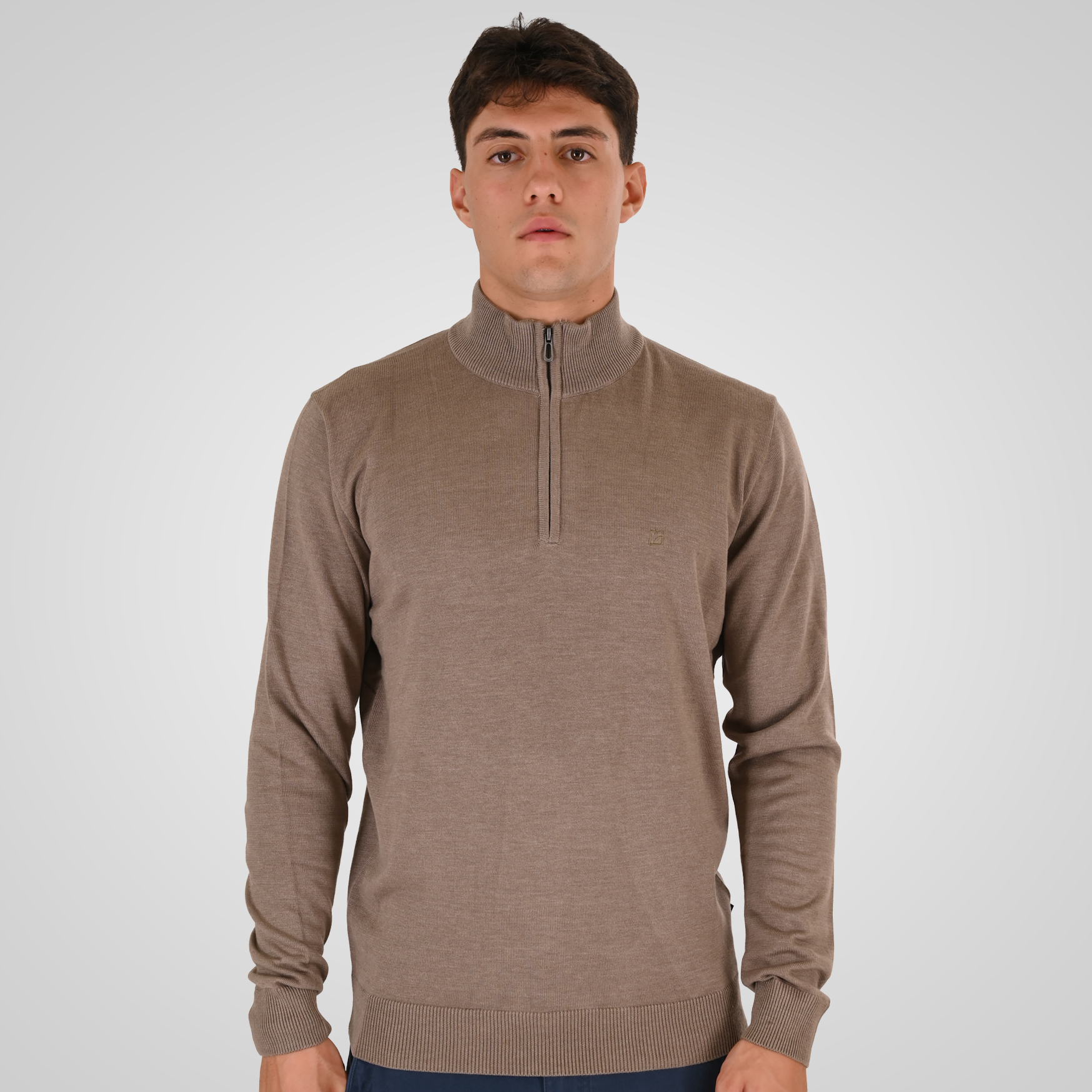 262RKNIT-8052 KNITS HALF-ZIP WITH DENSE EMBROIDERY CIGAR MELANGE - Image 1