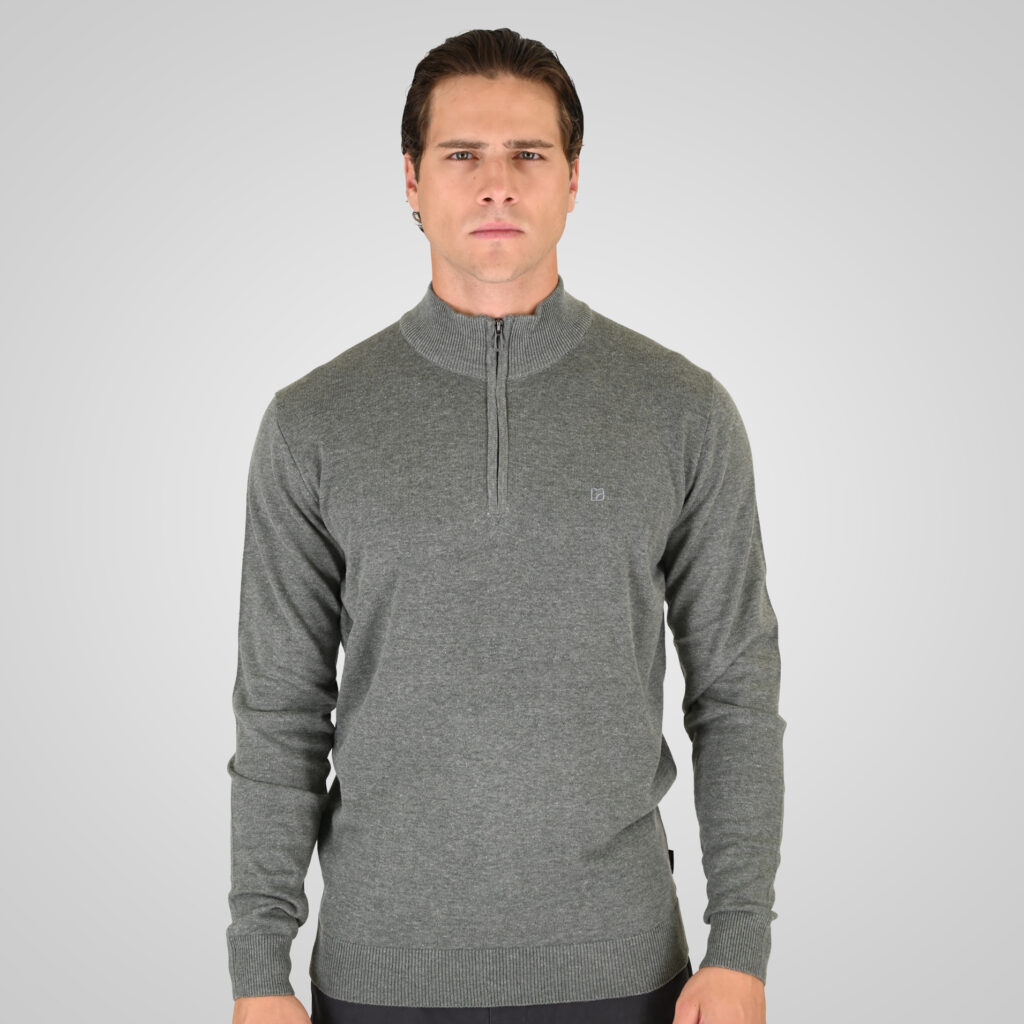 262RKNIT-8052 KNITS HALF-ZIP WITH DENSE EMBROIDERY GREY GREEN MELANGE