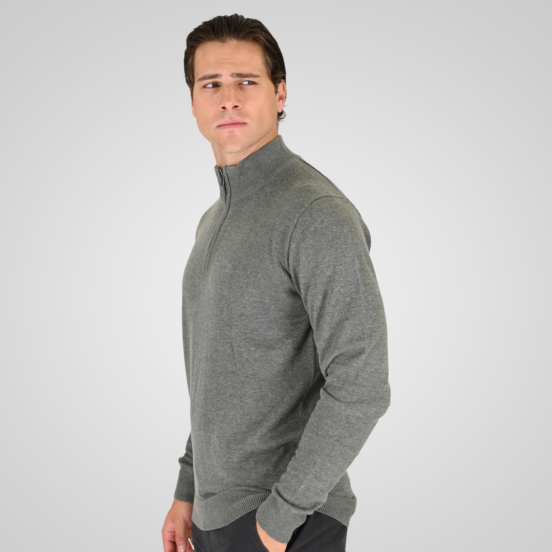 262RKNIT-8052 KNITS HALF-ZIP WITH DENSE EMBROIDERY GREY GREEN MELANGE - Image 3