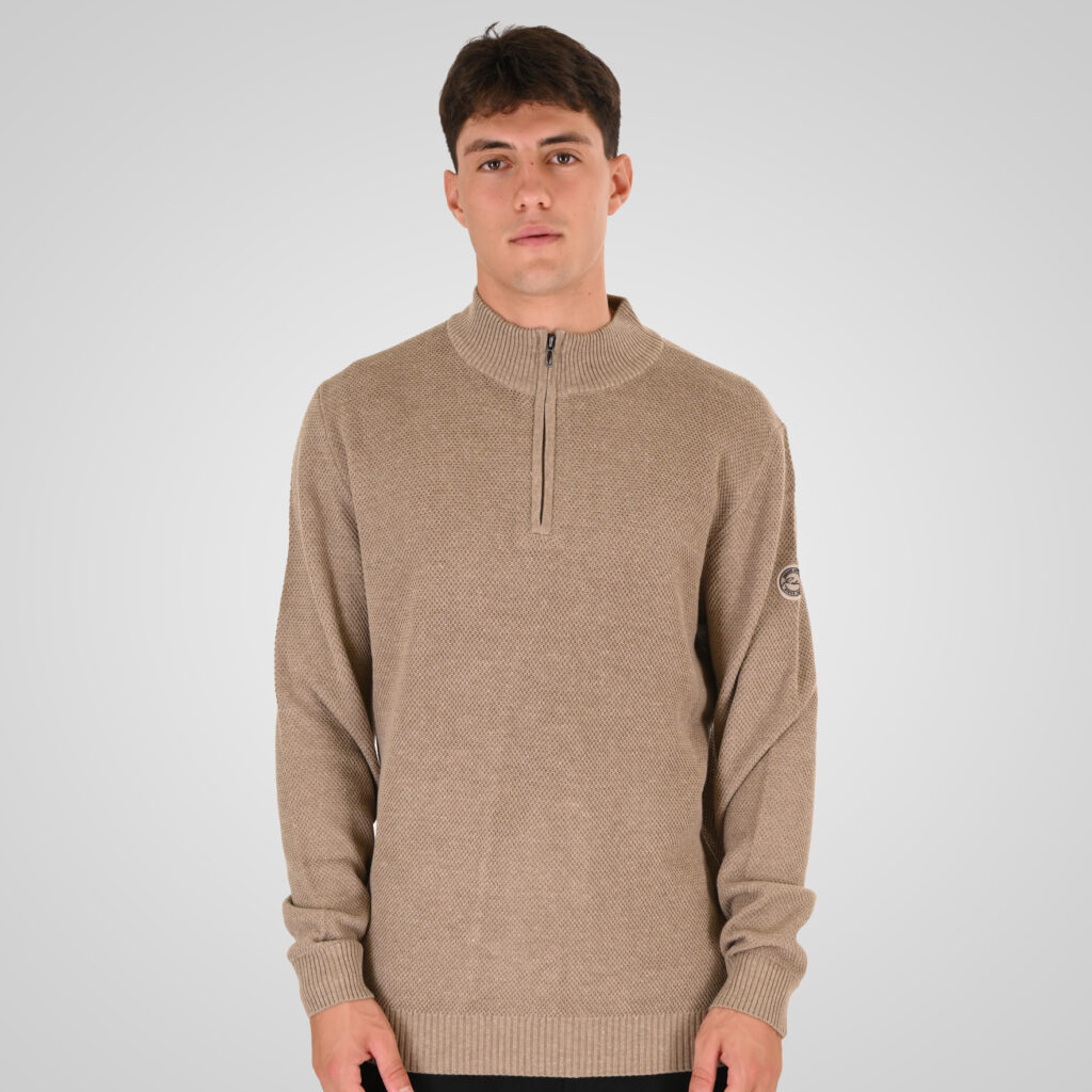 262RKNIT-8054 KNITS HALF-ZIP WITH STAND-UP COLLAR (SPECIAL KNITTING) BEIGE MELANGE
