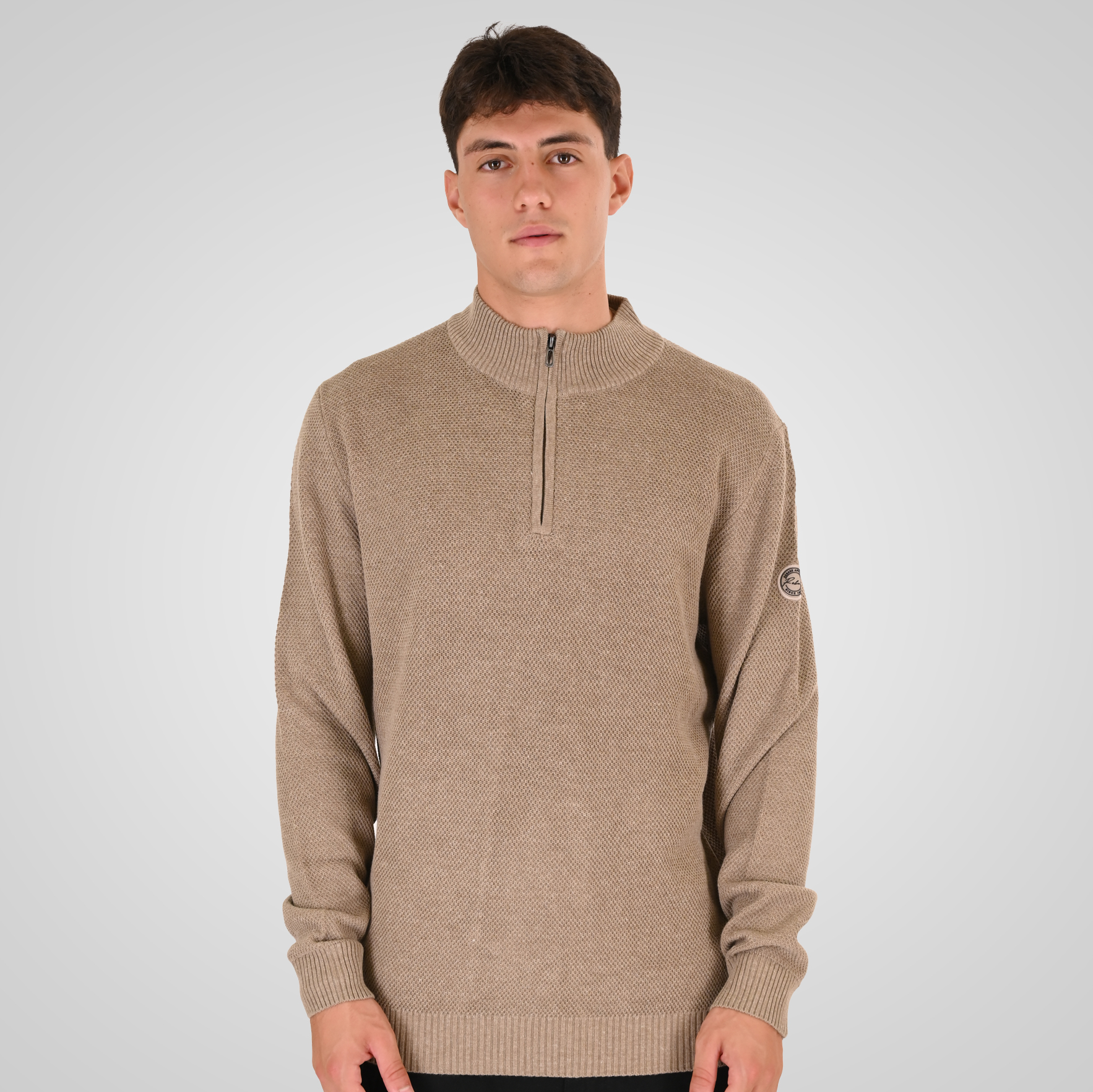 262RKNIT-8054 KNITS HALF-ZIP WITH STAND-UP COLLAR (SPECIAL KNITTING) BEIGE MELANGE - Image 1