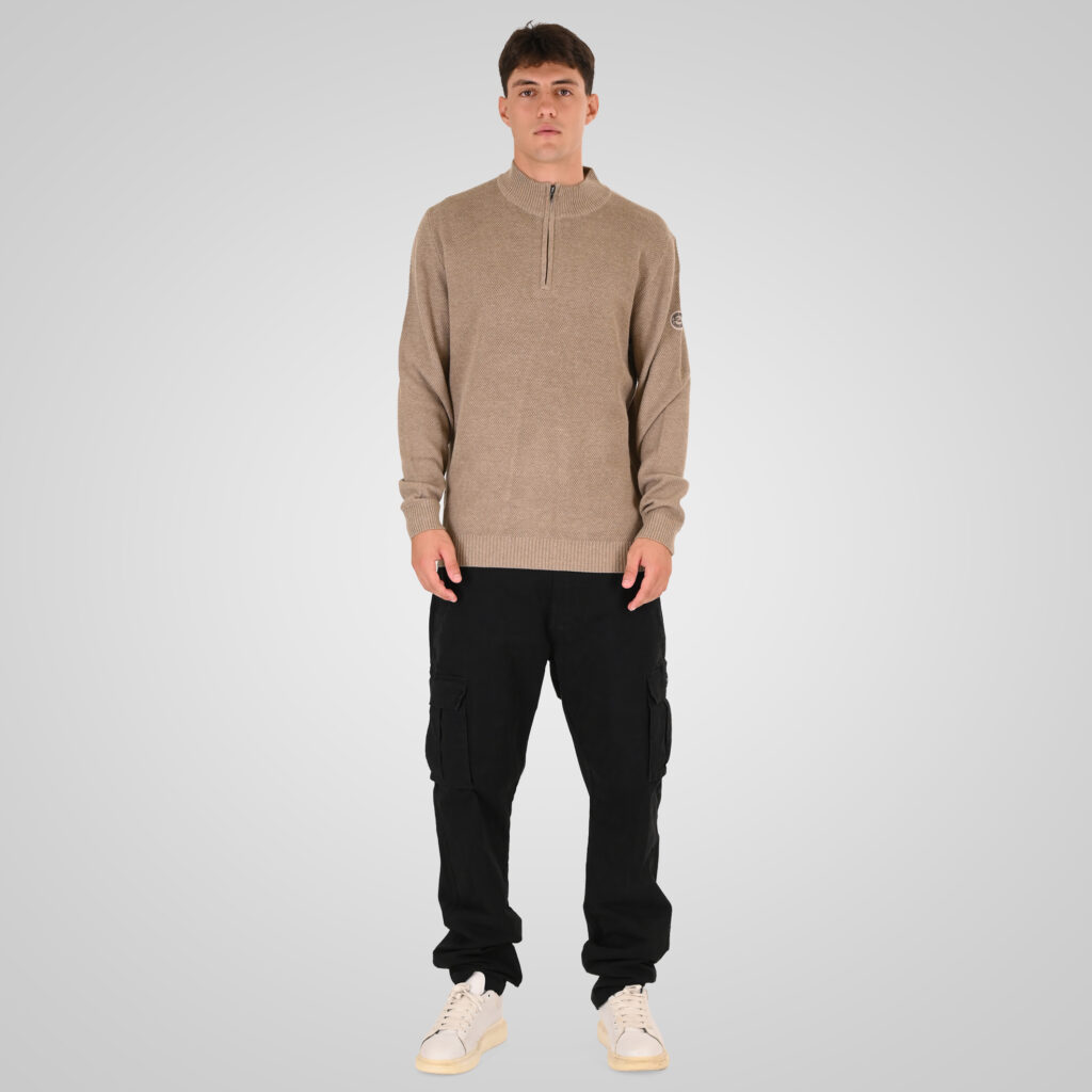 262RKNIT-8054 KNITS HALF-ZIP WITH STAND-UP COLLAR (SPECIAL KNITTING) BEIGE MELANGE