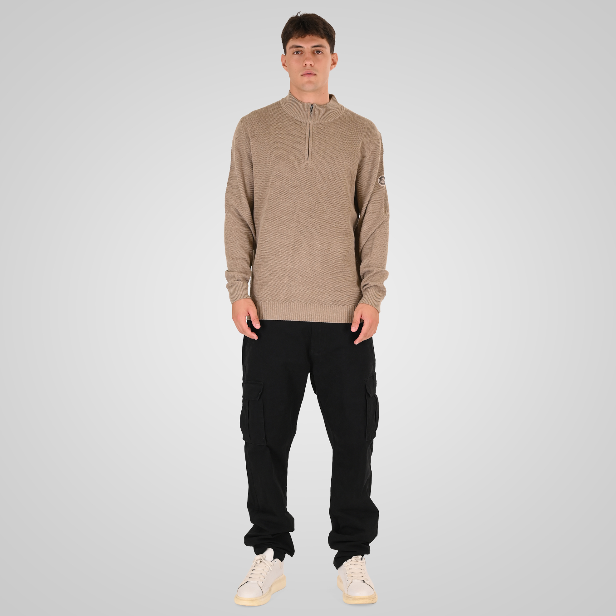 262RKNIT-8054 KNITS HALF-ZIP WITH STAND-UP COLLAR (SPECIAL KNITTING) BEIGE MELANGE - Image 2