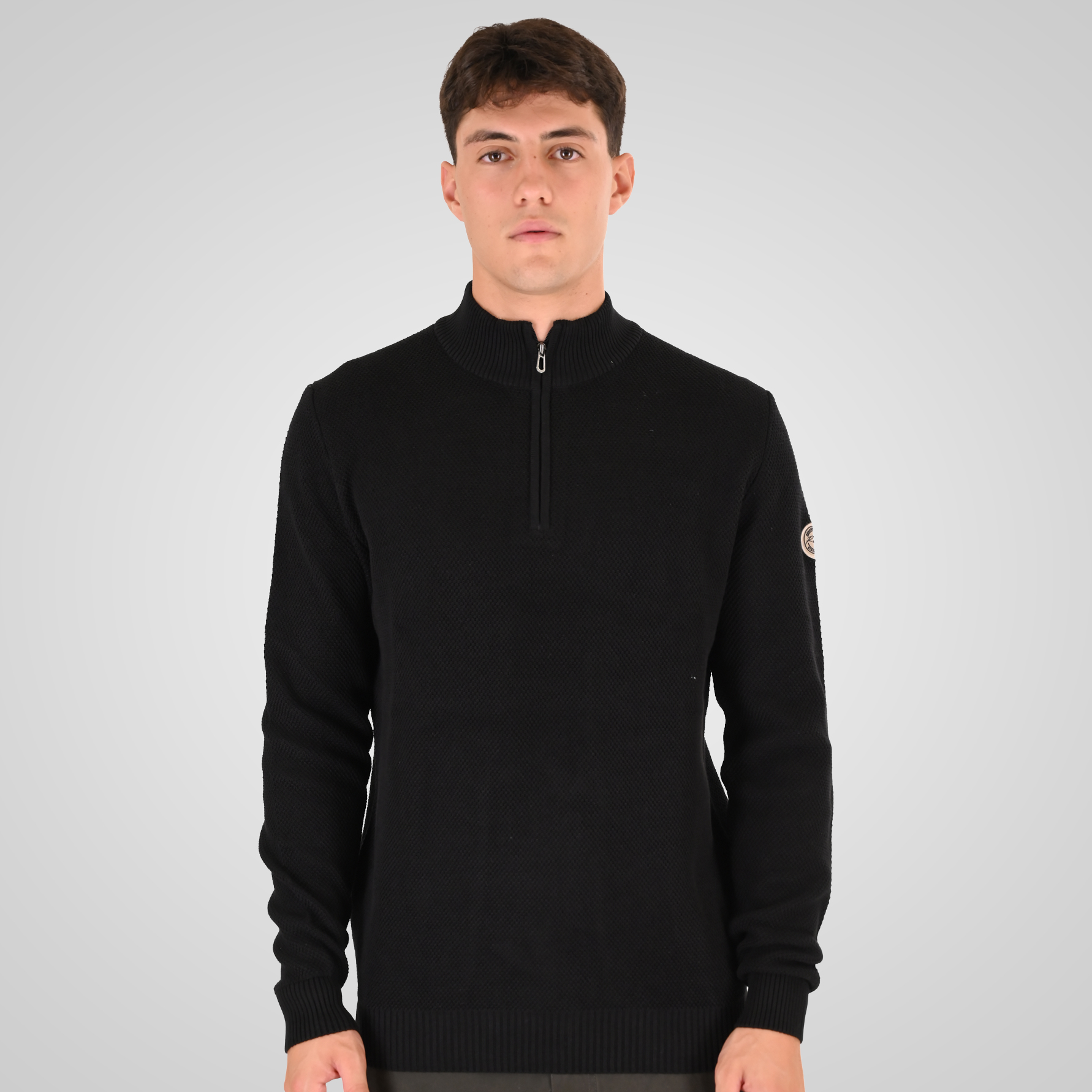 262RKNIT-8054 KNITS HALF-ZIP WITH STAND-UP COLLAR (SPECIAL KNITTING) BLACK - Image 1