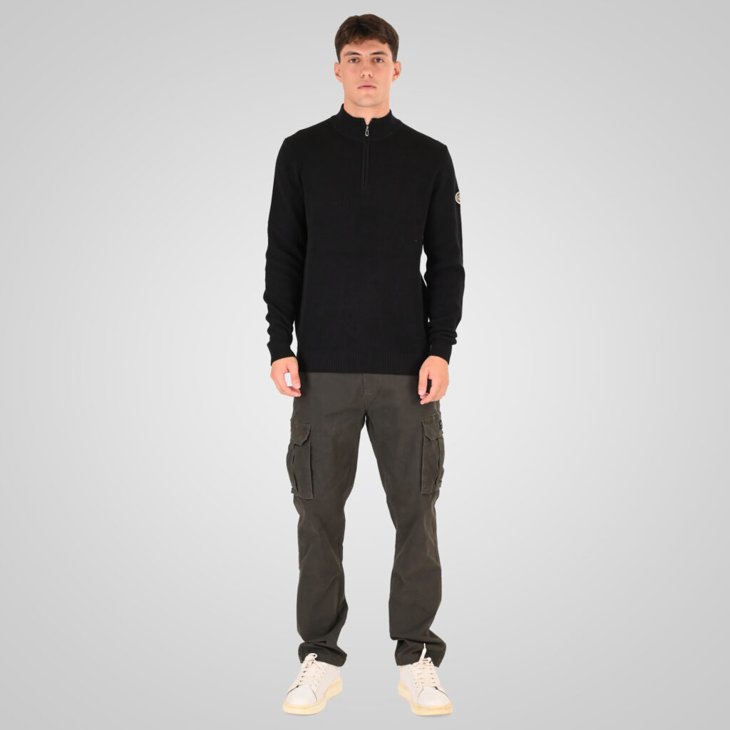 262RKNIT-8054 KNITS HALF-ZIP WITH STAND-UP COLLAR (SPECIAL KNITTING) BLACK