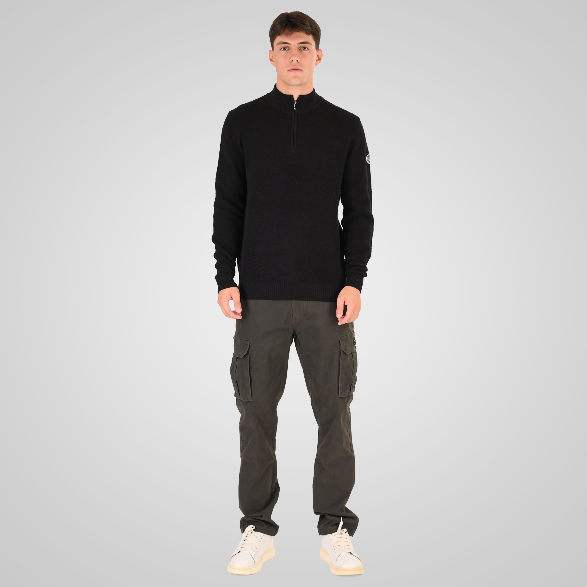 262RKNIT-8054 KNITS HALF-ZIP WITH STAND-UP COLLAR (SPECIAL KNITTING) BLACK - Image 2