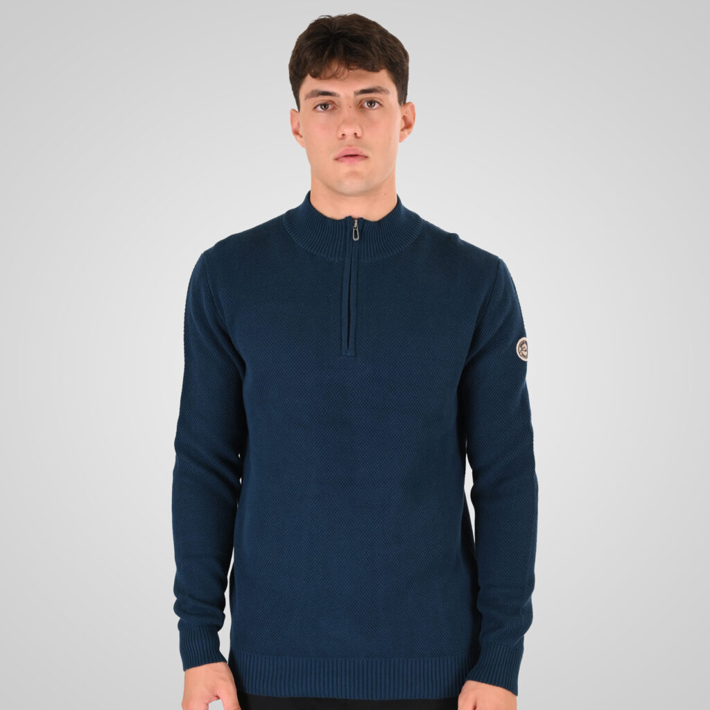 262RKNIT-8054 KNITS HALF-ZIP WITH STAND-UP COLLAR (SPECIAL KNITTING) DK PETROL
