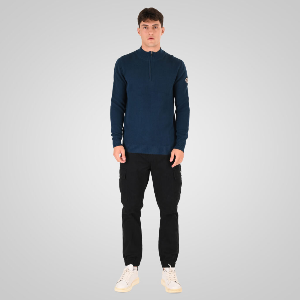 262RKNIT-8054 KNITS HALF-ZIP WITH STAND-UP COLLAR (SPECIAL KNITTING) DK PETROL