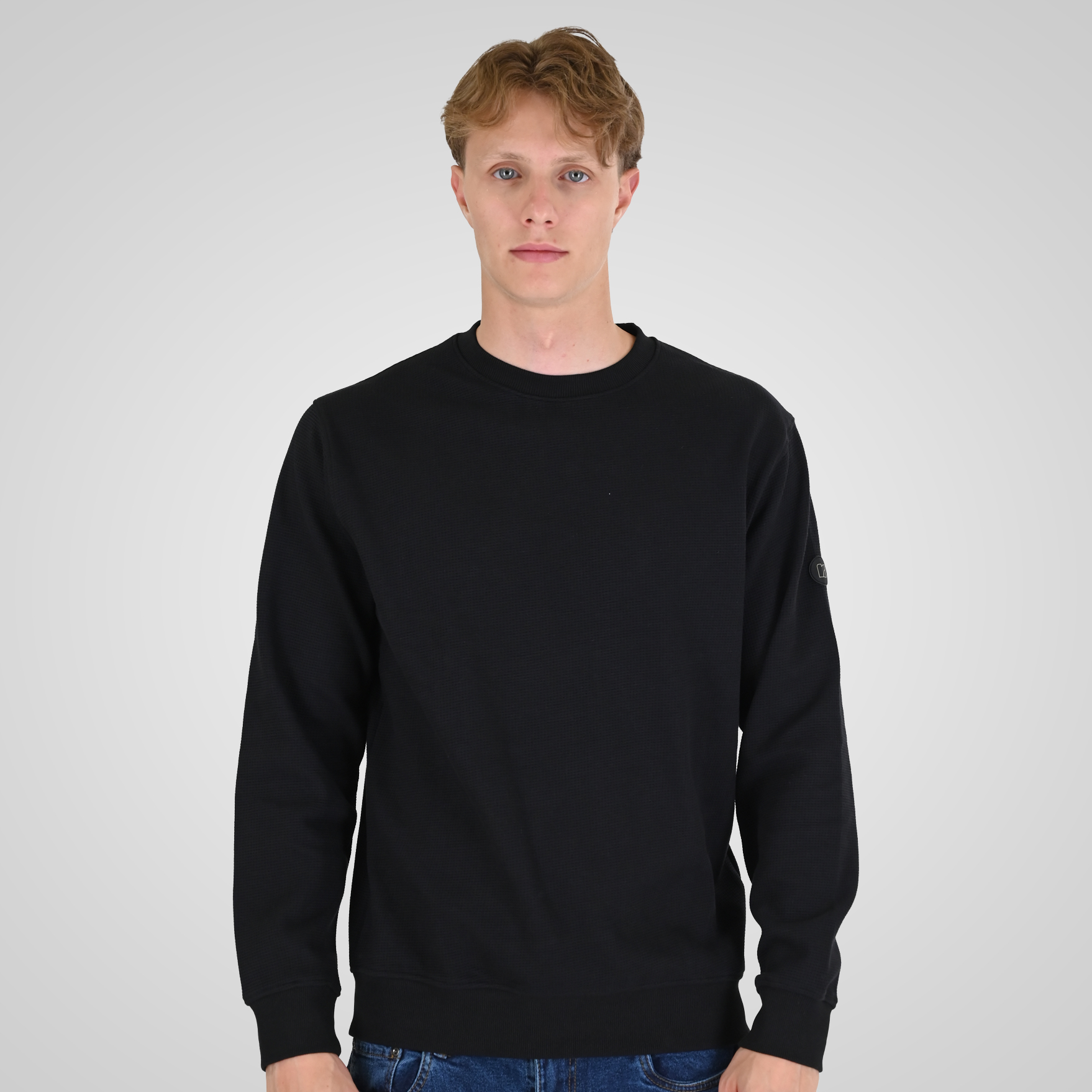 262RTOP-1121 CREWNECK TOP IN SPECIAL FABRIC (WAFFLE) BLACK - Image 1