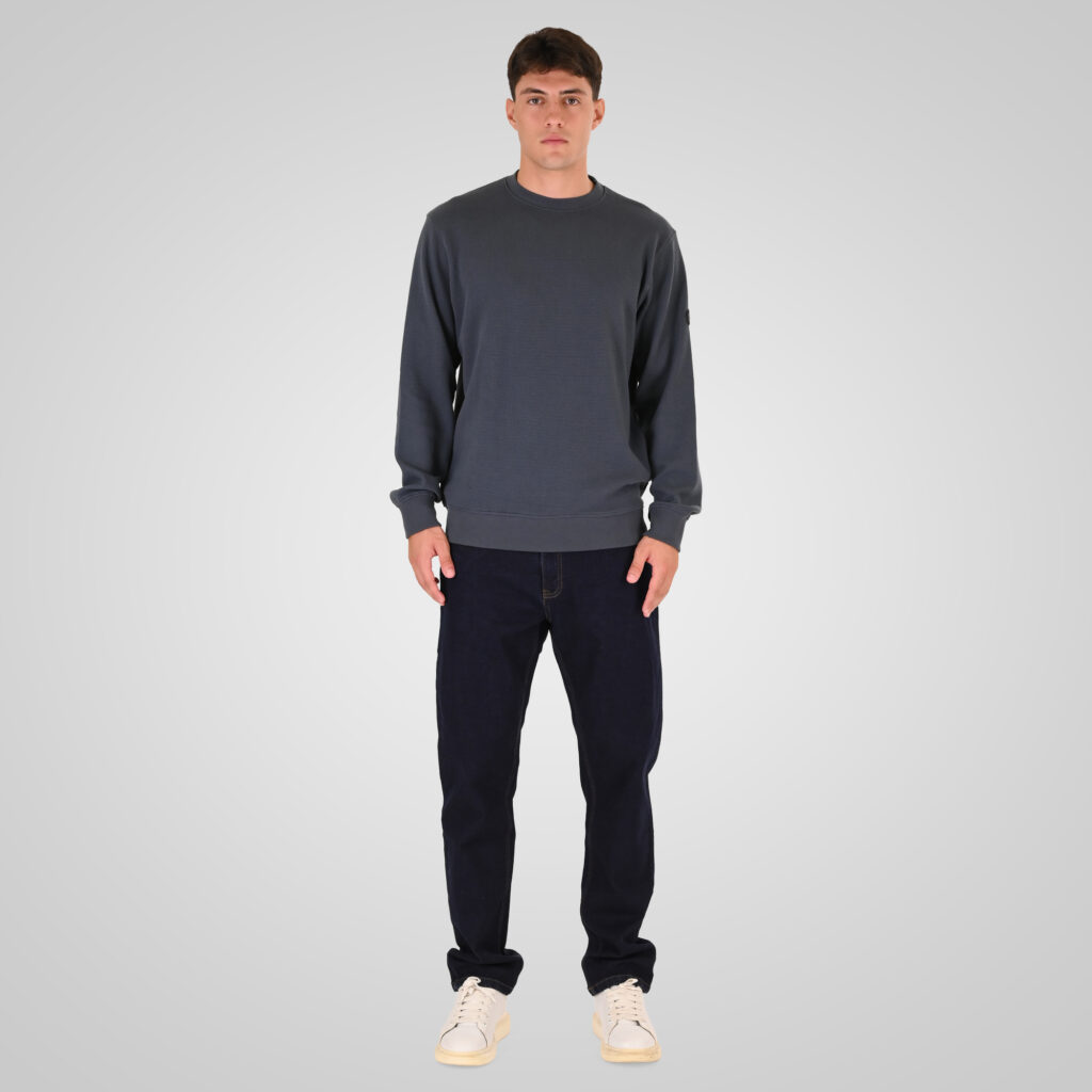 262RTOP-1121 CREWNECK TOP IN SPECIAL FABRIC (WAFFLE) STEEL BLUE