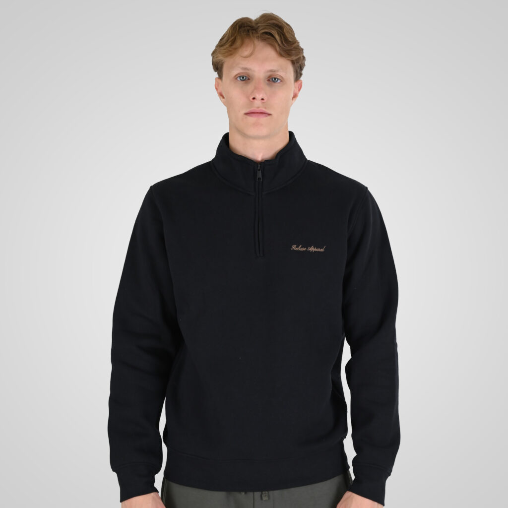 262RTOP-1128 HALF-ZIP WITH STAND-UP COLLAR AND EMBROIDERY (BRUSHED FLEECE) BLACK
