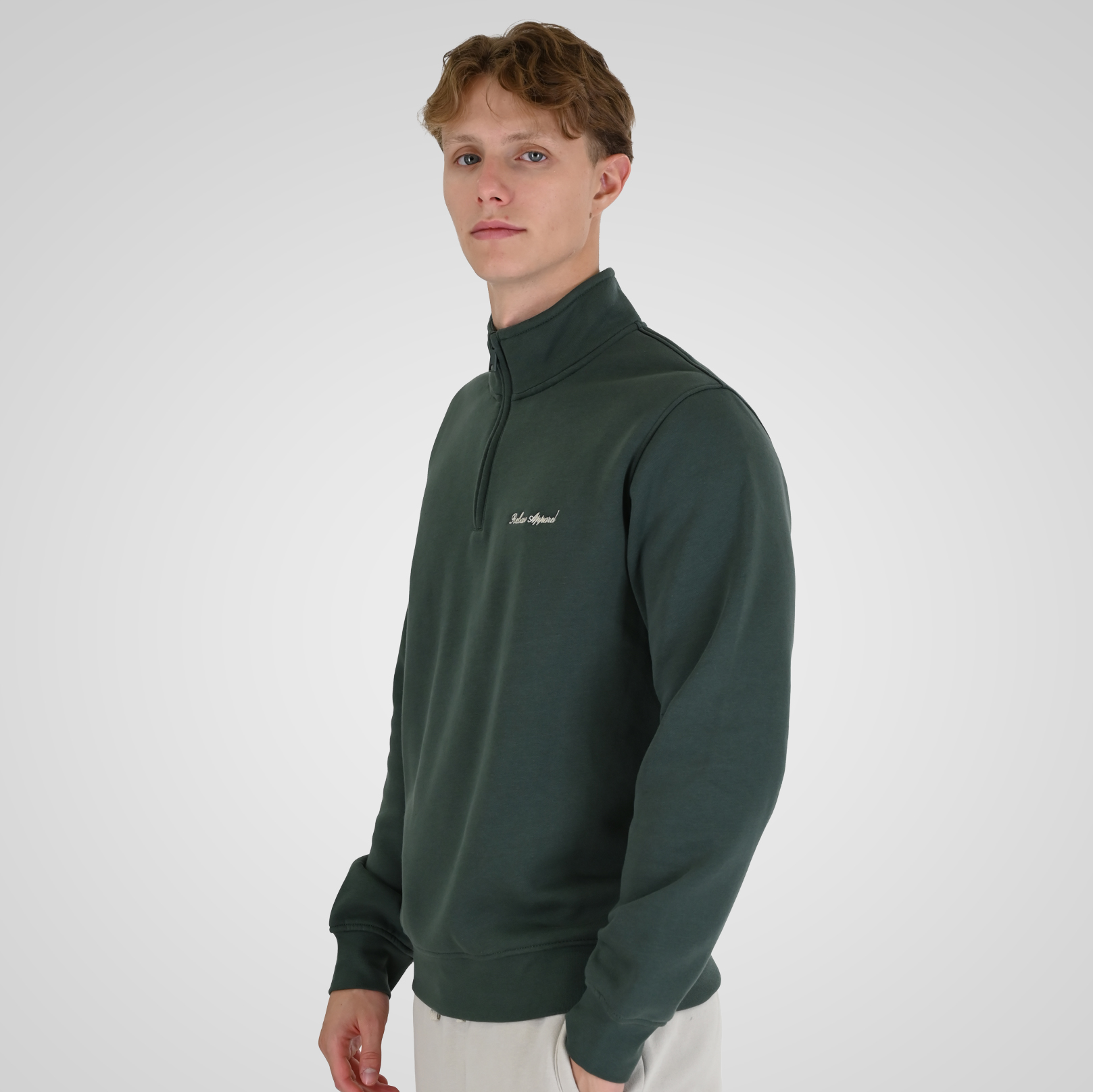 262RTOP-1128 HALF-ZIP WITH STAND-UP COLLAR AND EMBROIDERY (BRUSHED FLEECE) MOSS GREEN - Image 3