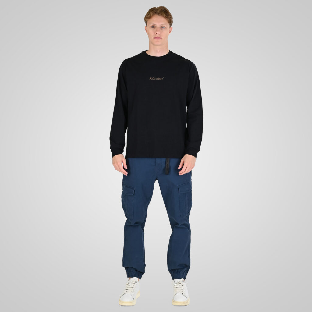 262RTS-9162 T-SHIRTS LONGSLEEVE WITH DENSE EMBROIDERY AND RIB ON CUFFS (HEAVY JERSEY) (RELAXED FIT) BLACK