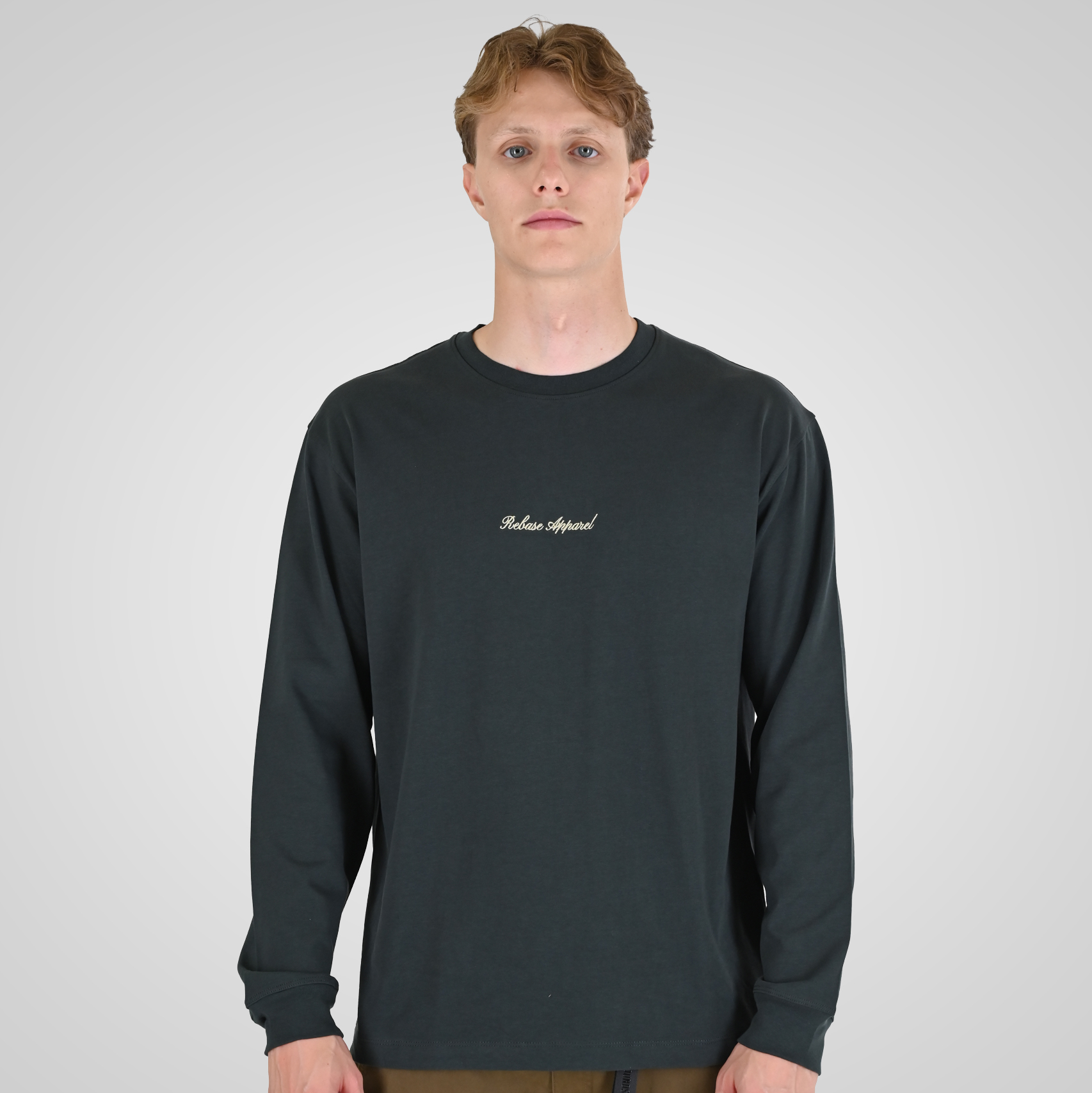 262RTS-9162 T-SHIRTS LONGSLEEVE WITH DENSE EMBROIDERY AND RIB ON CUFFS (HEAVY JERSEY) (RELAXED FIT) DK KHAKI - Image 1
