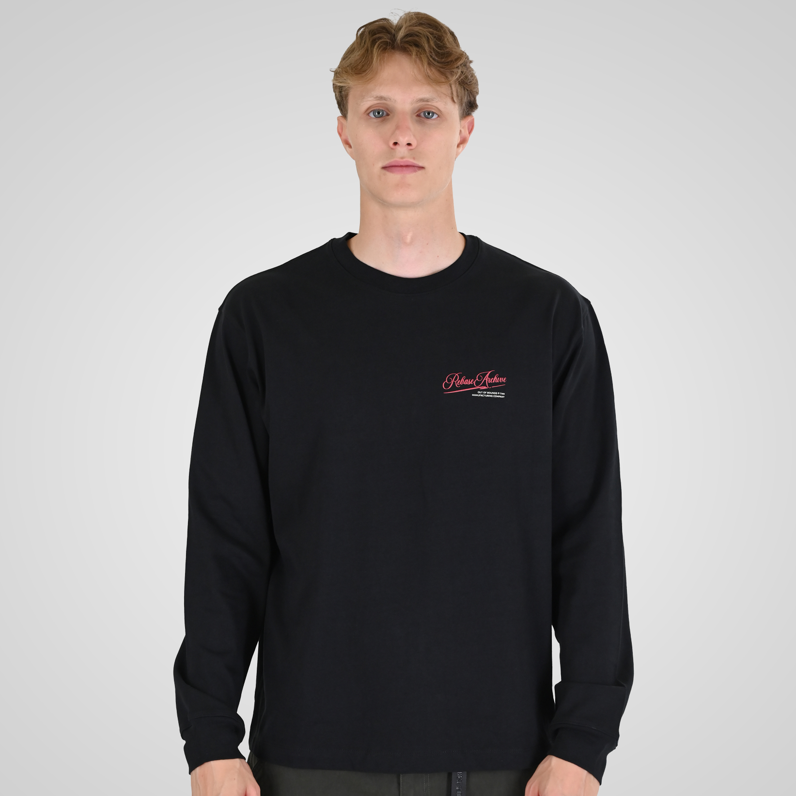 262RTS-9163 T-SHIRTS LONGSLEEVE FRONT - BACK PRINTED WITH DOUBLE PRESSED PRINT AND RIB ON CUFFS (HEAVY JERSEY) (RELAXED FIT) BLACK - Image 1