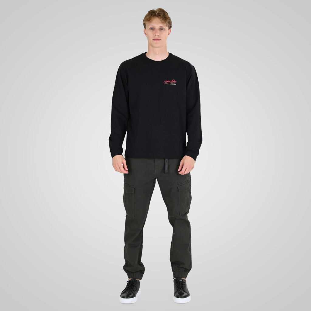 262RTS-9163 T-SHIRTS LONGSLEEVE FRONT - BACK PRINTED WITH DOUBLE PRESSED PRINT AND RIB ON CUFFS (HEAVY JERSEY) (RELAXED FIT) BLACK