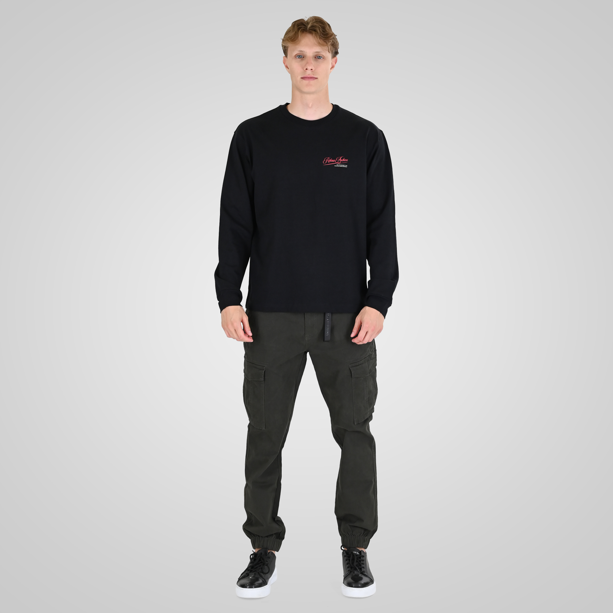262RTS-9163 T-SHIRTS LONGSLEEVE FRONT - BACK PRINTED WITH DOUBLE PRESSED PRINT AND RIB ON CUFFS (HEAVY JERSEY) (RELAXED FIT) BLACK - Image 2