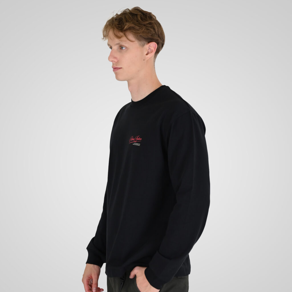 262RTS-9163 T-SHIRTS LONGSLEEVE FRONT - BACK PRINTED WITH DOUBLE PRESSED PRINT AND RIB ON CUFFS (HEAVY JERSEY) (RELAXED FIT) BLACK