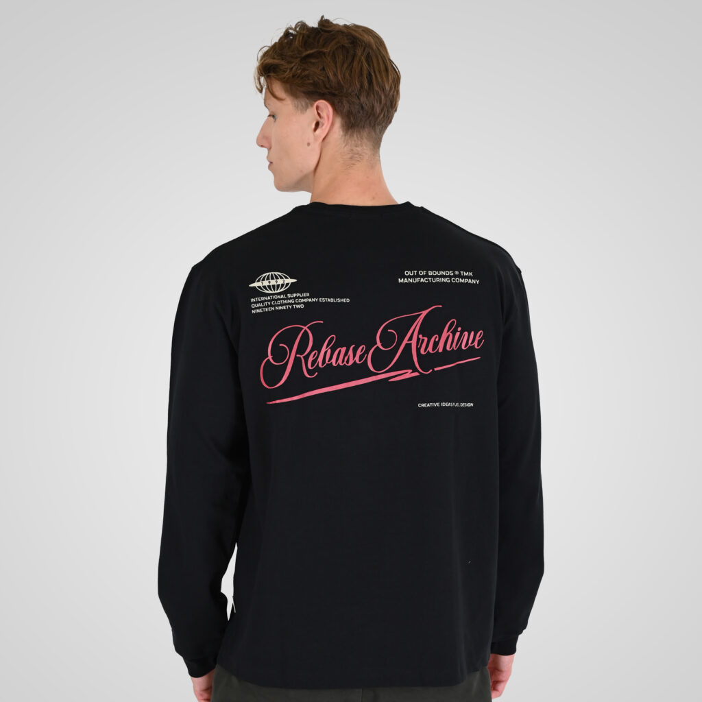 262RTS-9163 T-SHIRTS LONGSLEEVE FRONT - BACK PRINTED WITH DOUBLE PRESSED PRINT AND RIB ON CUFFS (HEAVY JERSEY) (RELAXED FIT) BLACK