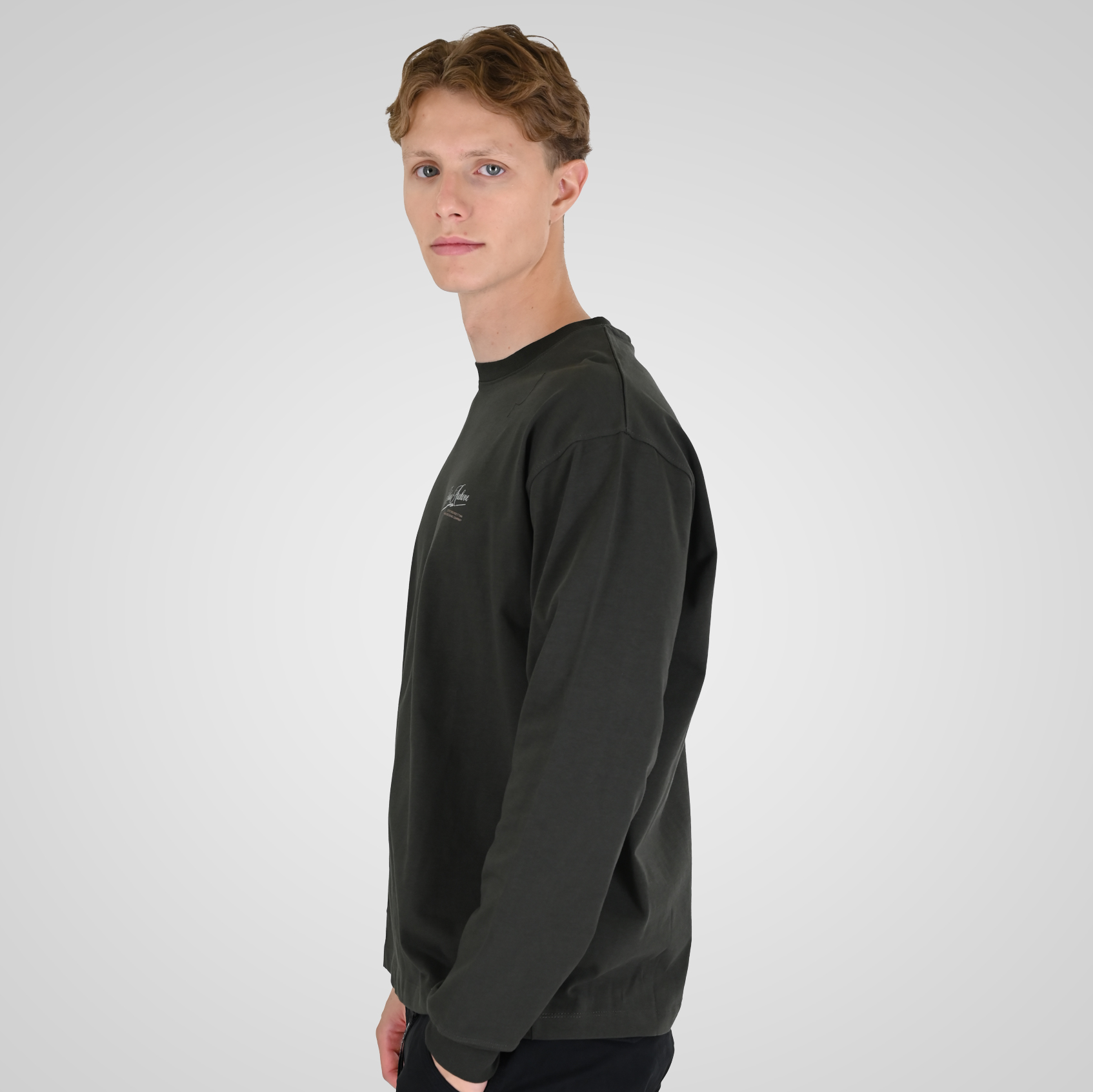262RTS-9163 T-SHIRTS LONGSLEEVE FRONT - BACK PRINTED WITH DOUBLE PRESSED PRINT AND RIB ON CUFFS (HEAVY JERSEY) (RELAXED FIT) DK KHAKI - Image 3