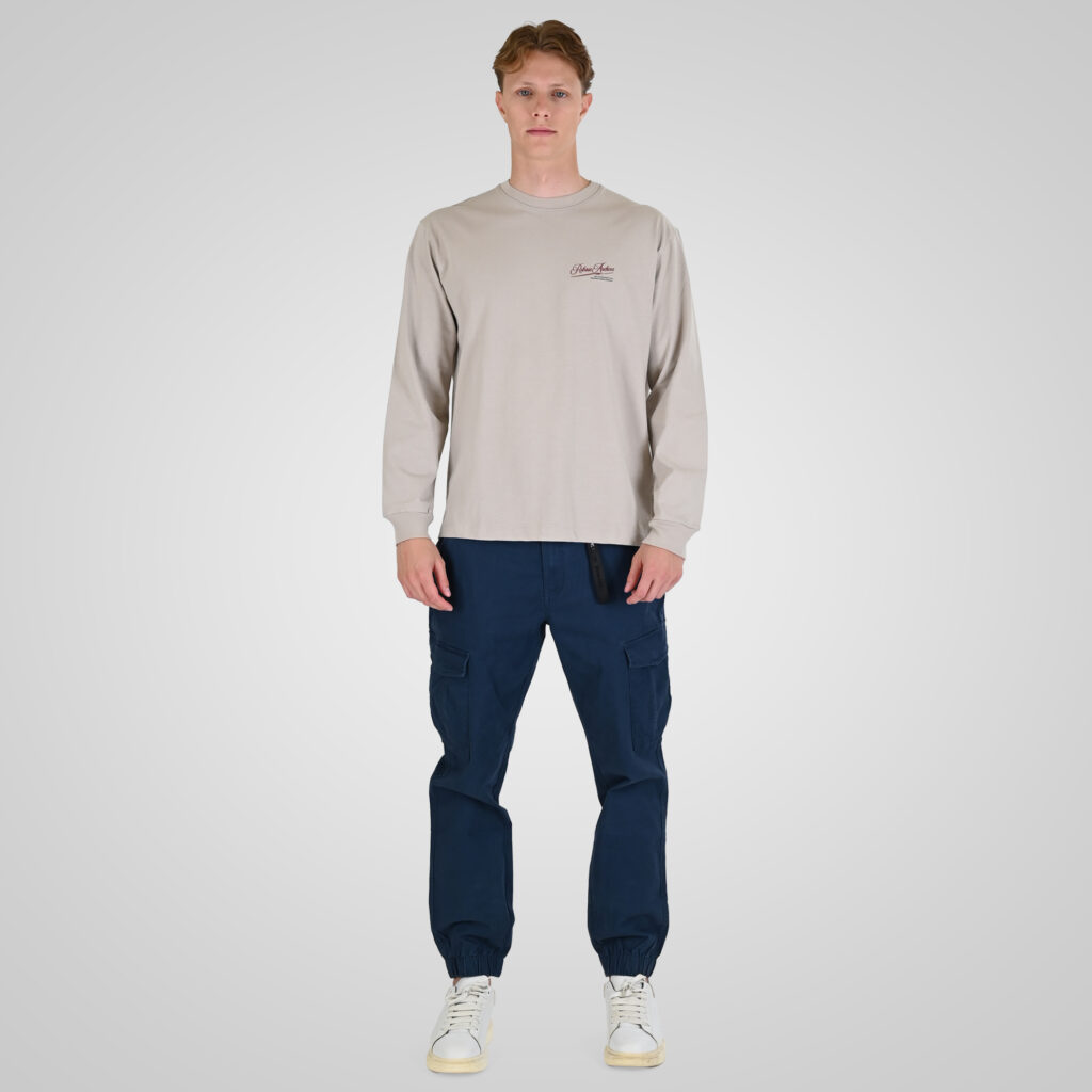 262RTS-9163 T-SHIRTS LONGSLEEVE FRONT - BACK PRINTED WITH DOUBLE PRESSED PRINT AND RIB ON CUFFS (HEAVY JERSEY) (RELAXED FIT) ICE GREY