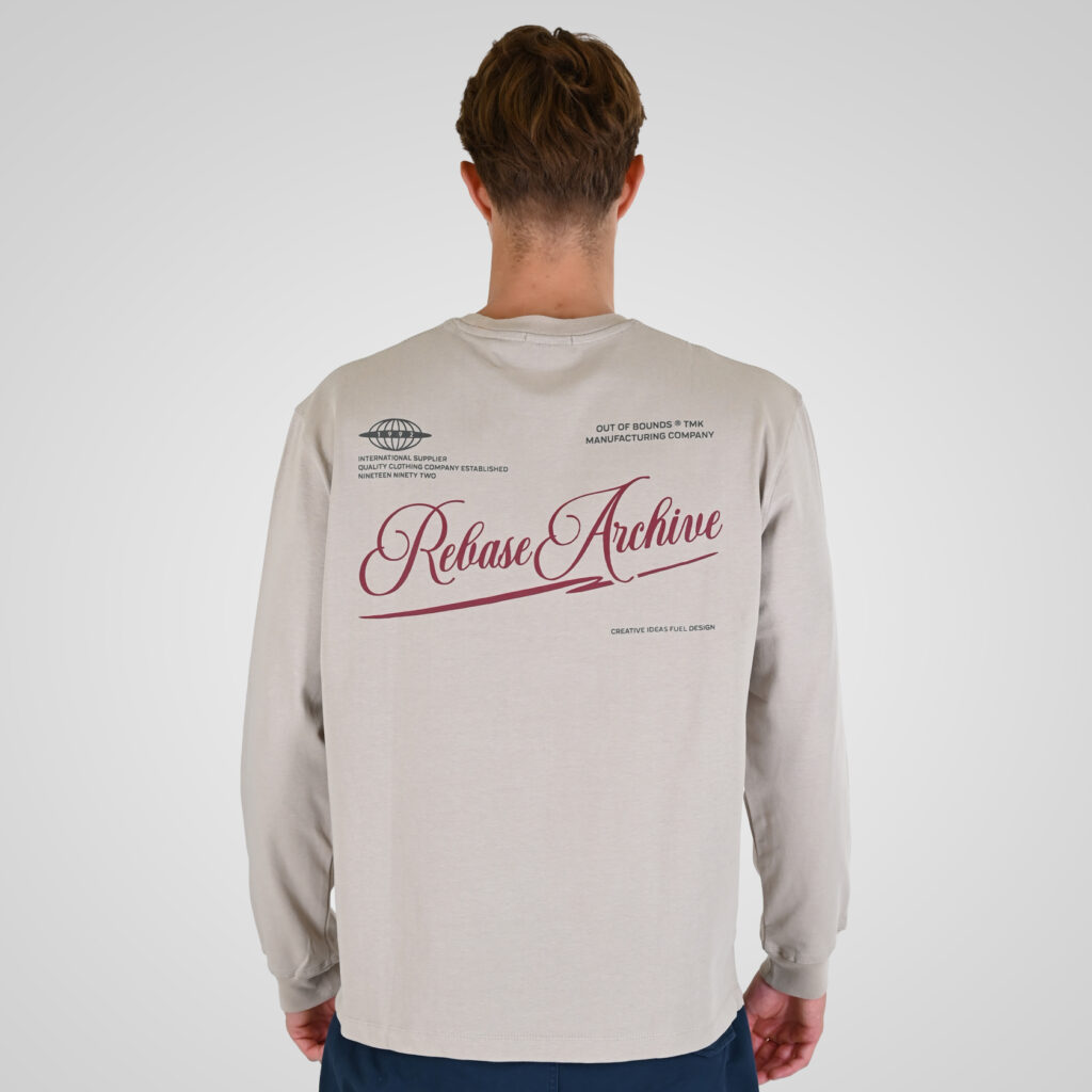 262RTS-9163 T-SHIRTS LONGSLEEVE FRONT - BACK PRINTED WITH DOUBLE PRESSED PRINT AND RIB ON CUFFS (HEAVY JERSEY) (RELAXED FIT) ICE GREY