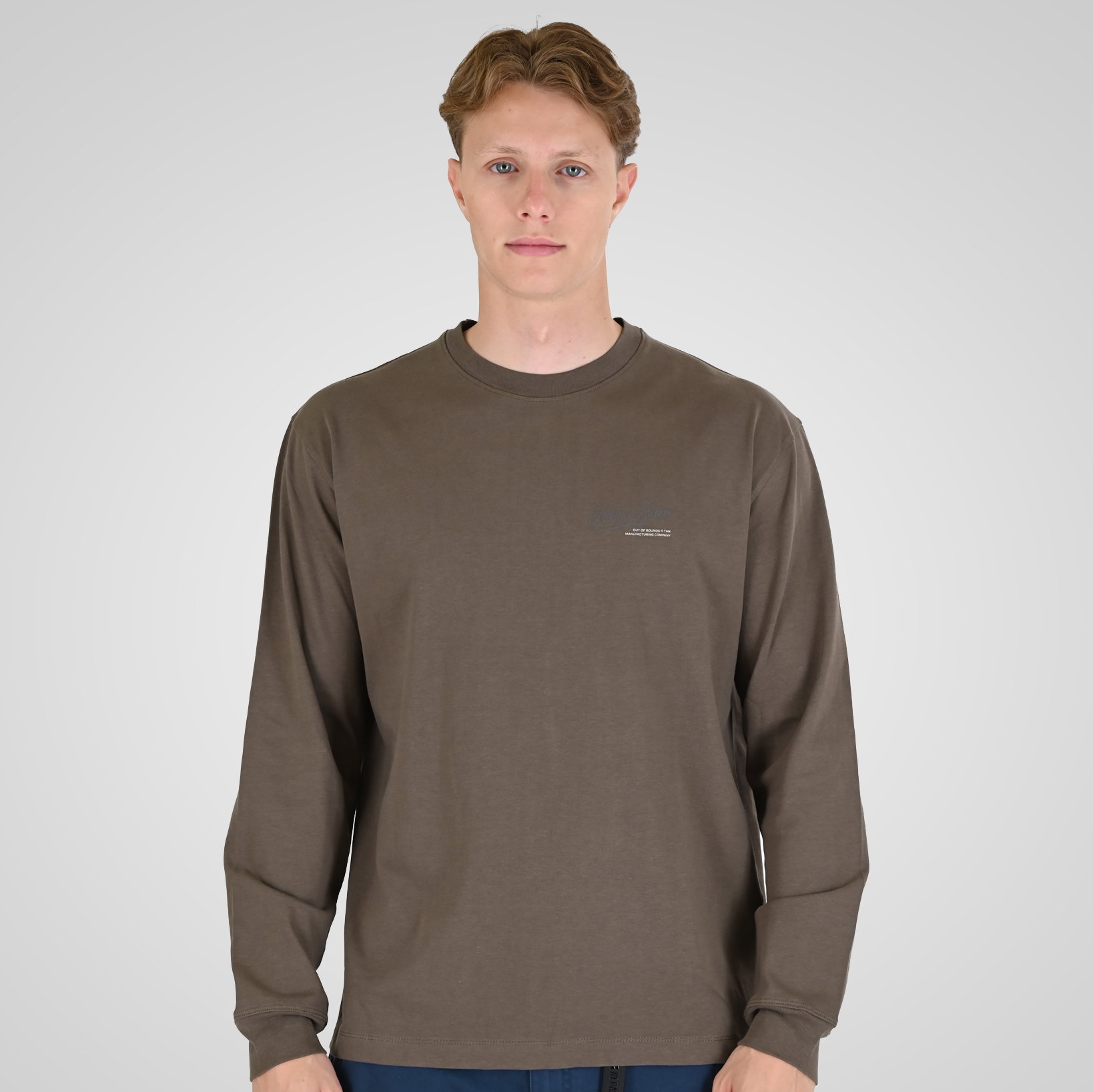 262RTS-9163 T-SHIRTS LONGSLEEVE FRONT - BACK PRINTED WITH DOUBLE PRESSED PRINT AND RIB ON CUFFS (HEAVY JERSEY) (RELAXED FIT) TAUPE - Image 1