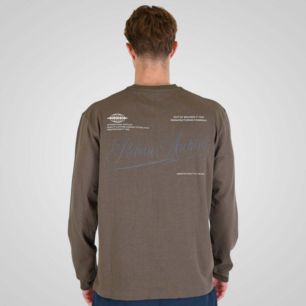 262RTS-9163 T-SHIRTS LONGSLEEVE FRONT - BACK PRINTED WITH DOUBLE PRESSED PRINT AND RIB ON CUFFS (HEAVY JERSEY) (RELAXED FIT) TAUPE
